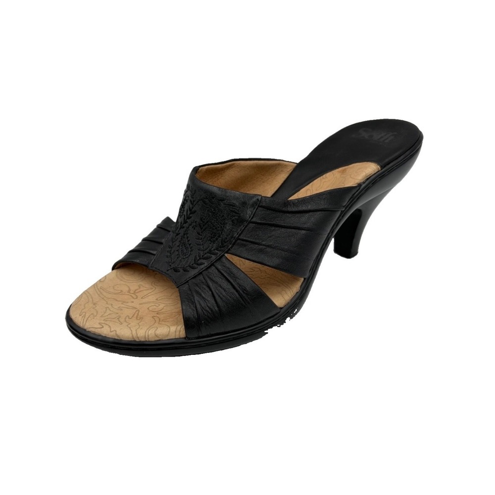 Sofft Slide Sandals Black Leather Embroidered Kitten Heel Women 10M Noel Comfort - Picture 1 of 9